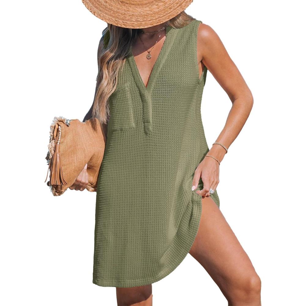 imageCUPSHE Women Swimsuit Cover Up Sleeveless Waffle Knit Summer Mini Beach Coverup DressGreen