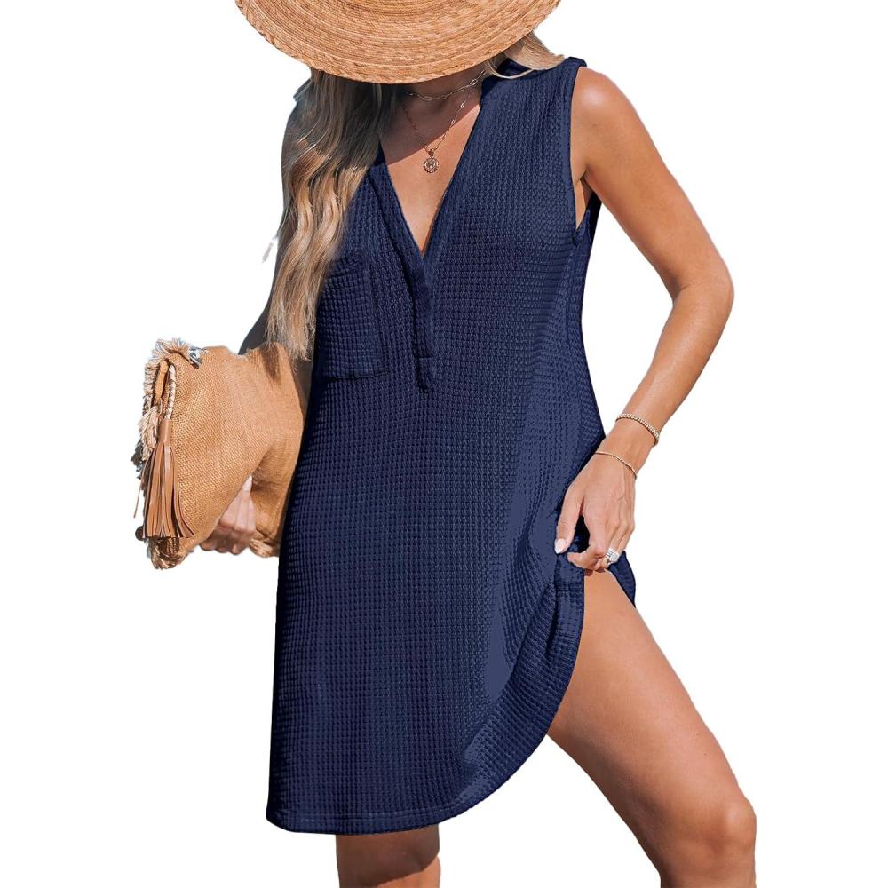 imageCUPSHE Women Swimsuit Cover Up Sleeveless Waffle Knit Summer Mini Beach Coverup DressNavy Blue