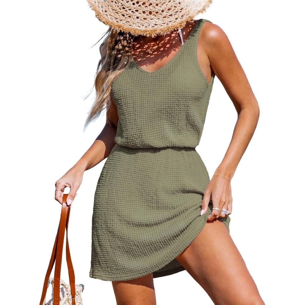 imageCUPSHE Women Swimsuit Cover Up V Neck Sleeveless Waffle Knit Beach Coverup DressGrass Green