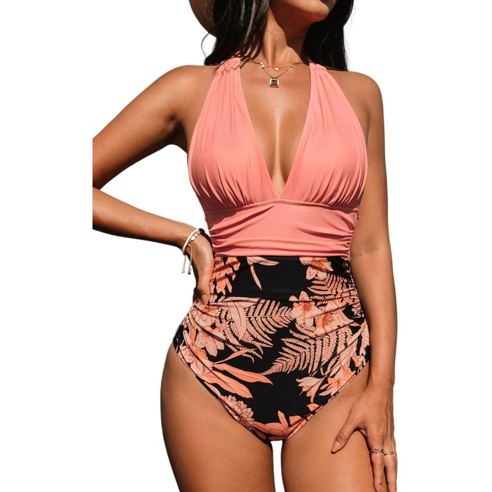 imageCUPSHE Women V Neck One Piece Swimsuit Halter Backless Ruched Tummy Control Bathing SuitCoral Pink