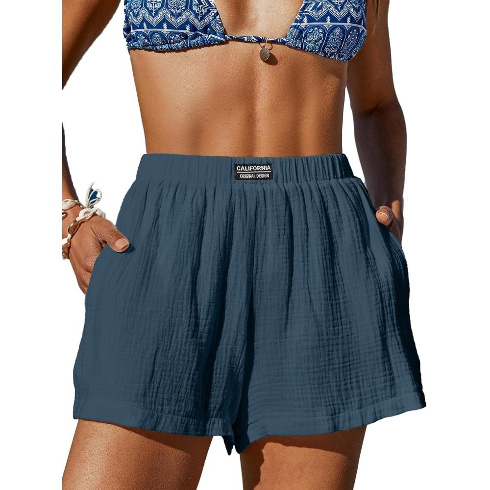 imageCUPSHE Womens Casual Shorts Cotton High Rise Beach Cover Ups Summer Shorts with PocketsDark Blue