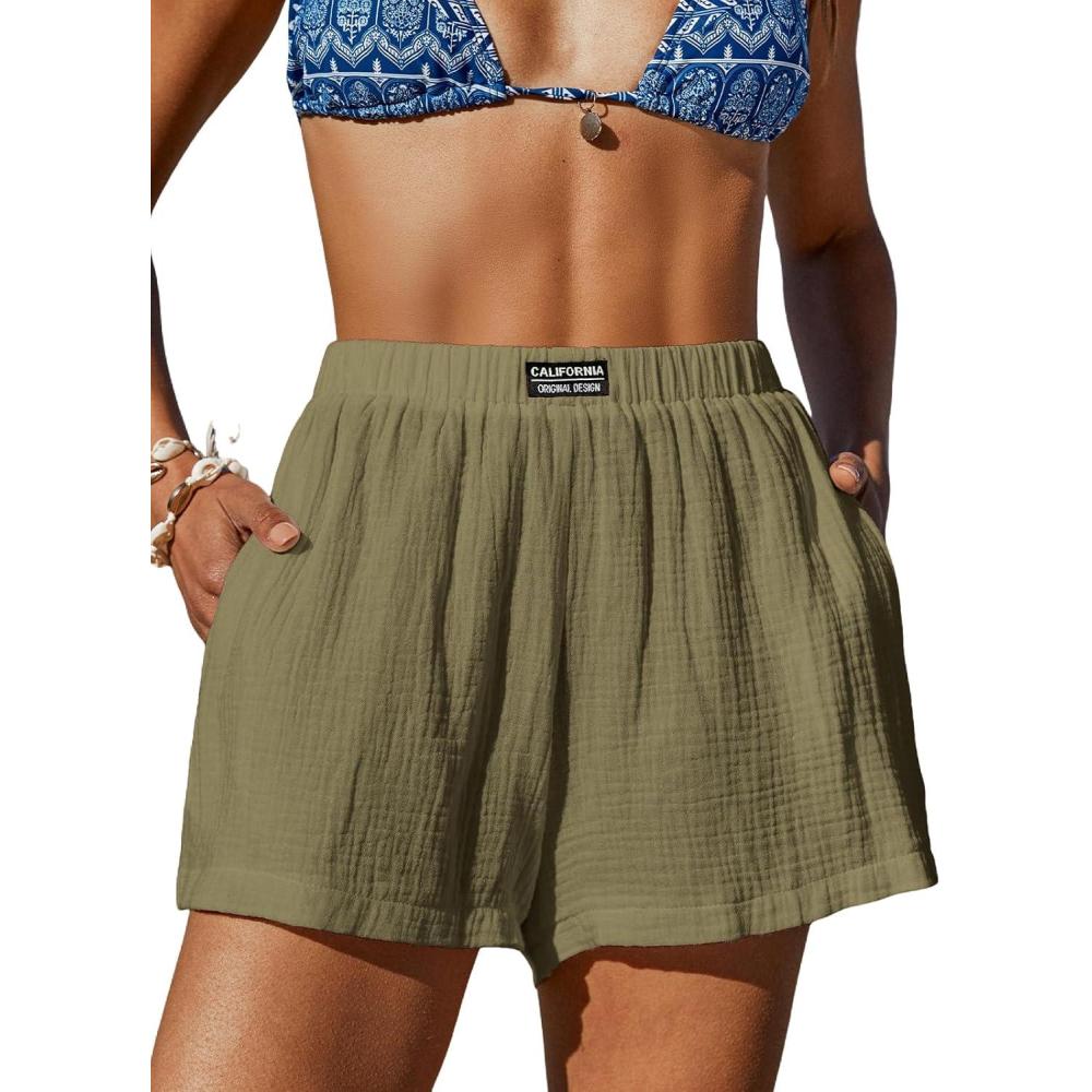 imageCUPSHE Womens Casual Shorts Cotton High Rise Beach Cover Ups Summer Shorts with PocketsGreen