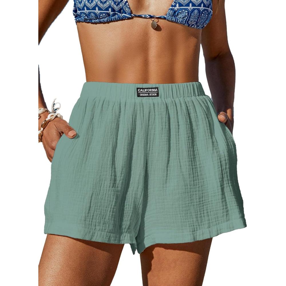 imageCUPSHE Womens Casual Shorts Cotton High Rise Beach Cover Ups Summer Shorts with PocketsLight Green