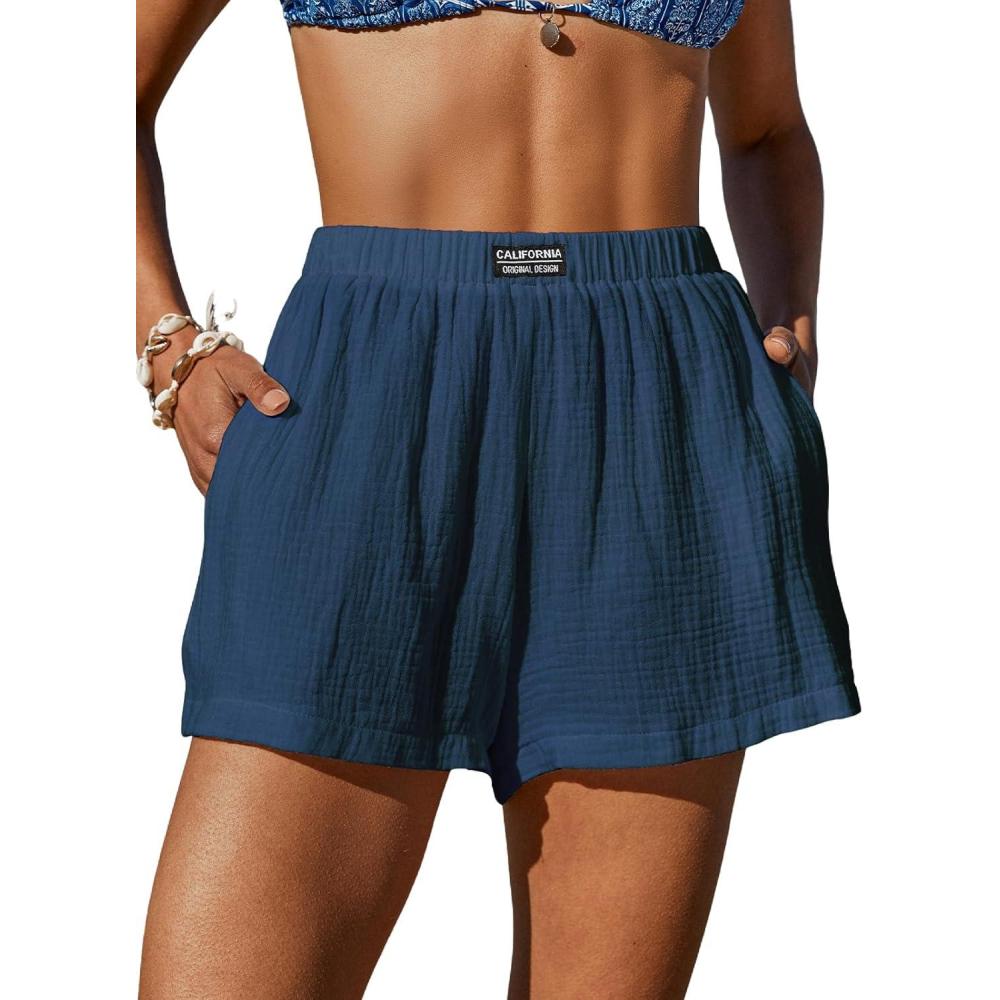 imageCUPSHE Womens Casual Shorts Cotton High Rise Beach Cover Ups Summer Shorts with PocketsNavy