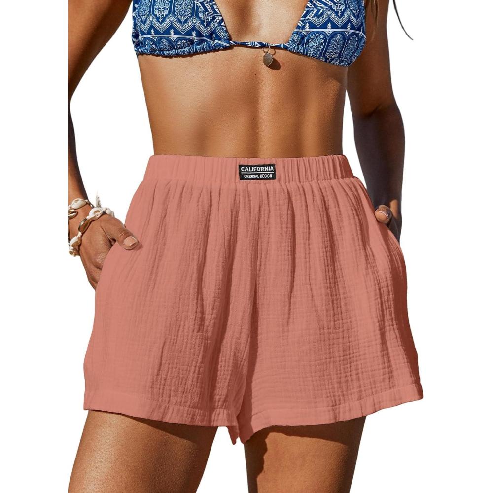 imageCUPSHE Womens Casual Shorts Cotton High Rise Beach Cover Ups Summer Shorts with PocketsPink