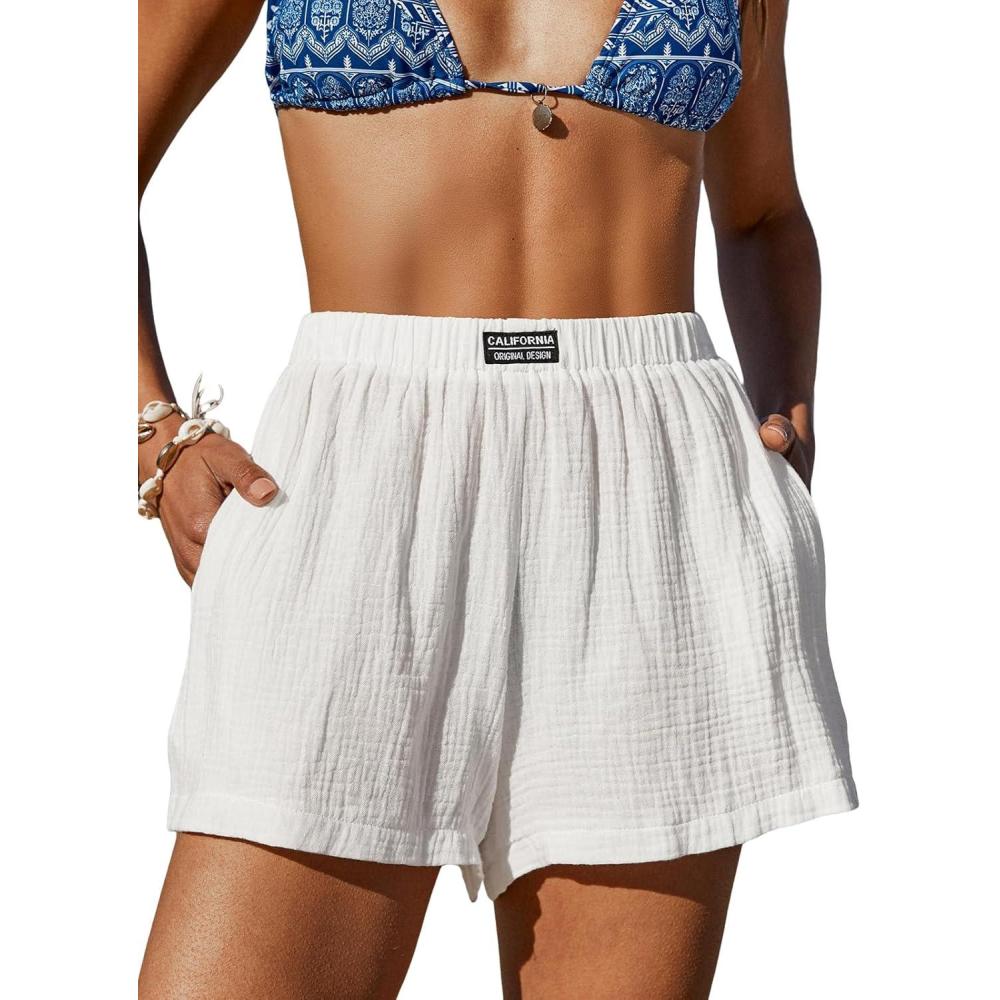 imageCUPSHE Womens Casual Shorts Cotton High Rise Beach Cover Ups Summer Shorts with PocketsWhite