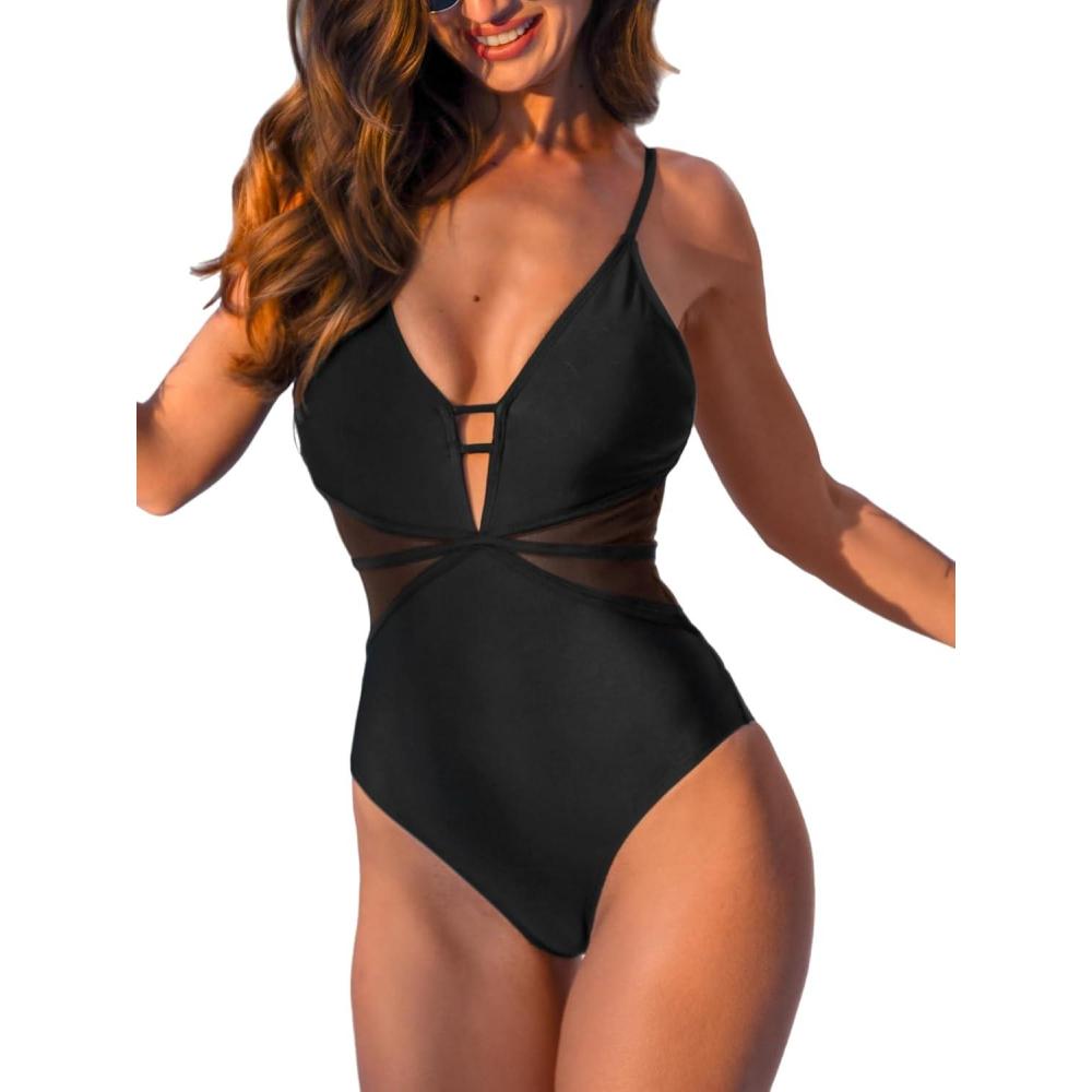 imageCUPSHE Womens One Piece Swimsuit Deep V Neck Cutouts Bathing Suit Low Back Mesh Adjustable StrapsBlack