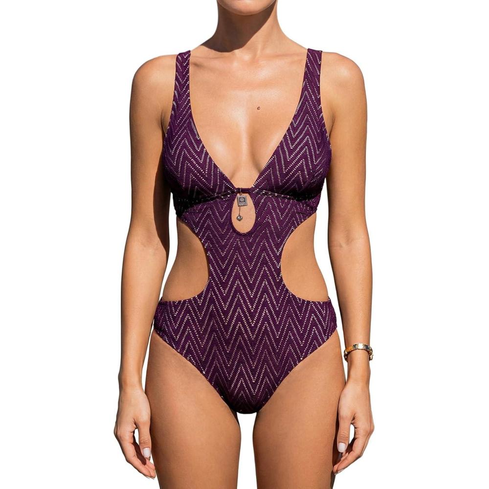 imageCUPSHE Womens One Piece Swimsuit Monokini Plunging Neck Cutout Bathing Suit Halter Ties Adjustable Straps SwimwearPurpleStripe