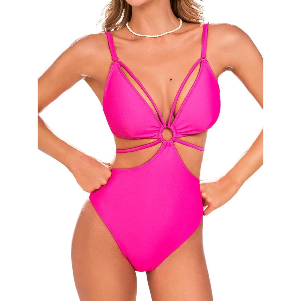 imageCUPSHE Womens One Piece Swimsuit Monokini V Neck Cutout Bathing Suit Back Hook Self Tie Adjustable Straps SwimwearHot Pink