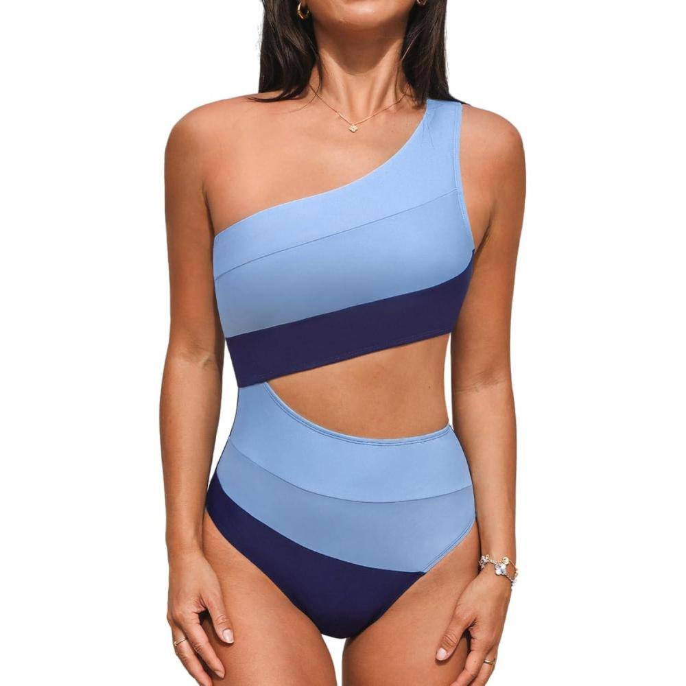 imageCUPSHE Womens One Piece Swimsuit One Shoulder Bathing Suit Cutout Color Block SwimwearBabyNavy Blue