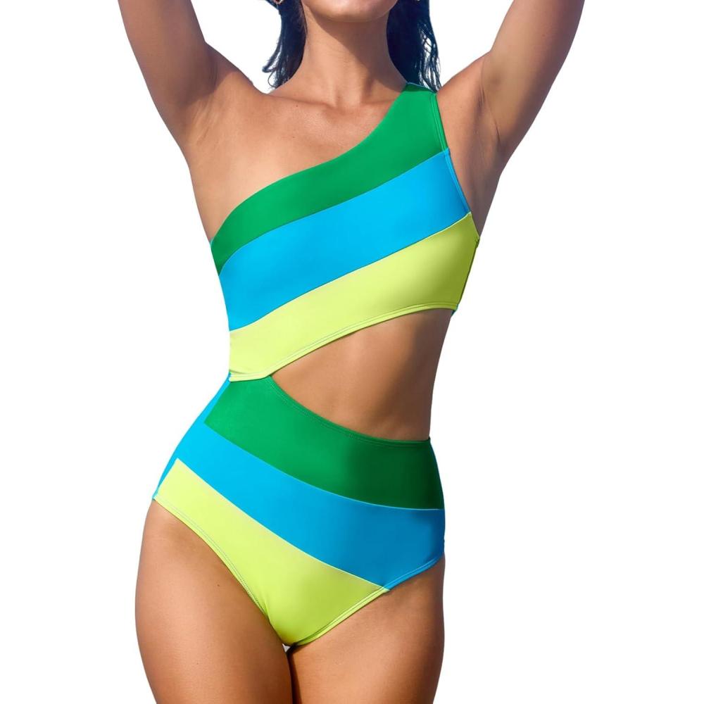 imageCUPSHE Womens One Piece Swimsuit One Shoulder Bathing Suit Cutout Color Block SwimwearBlueYellow Green