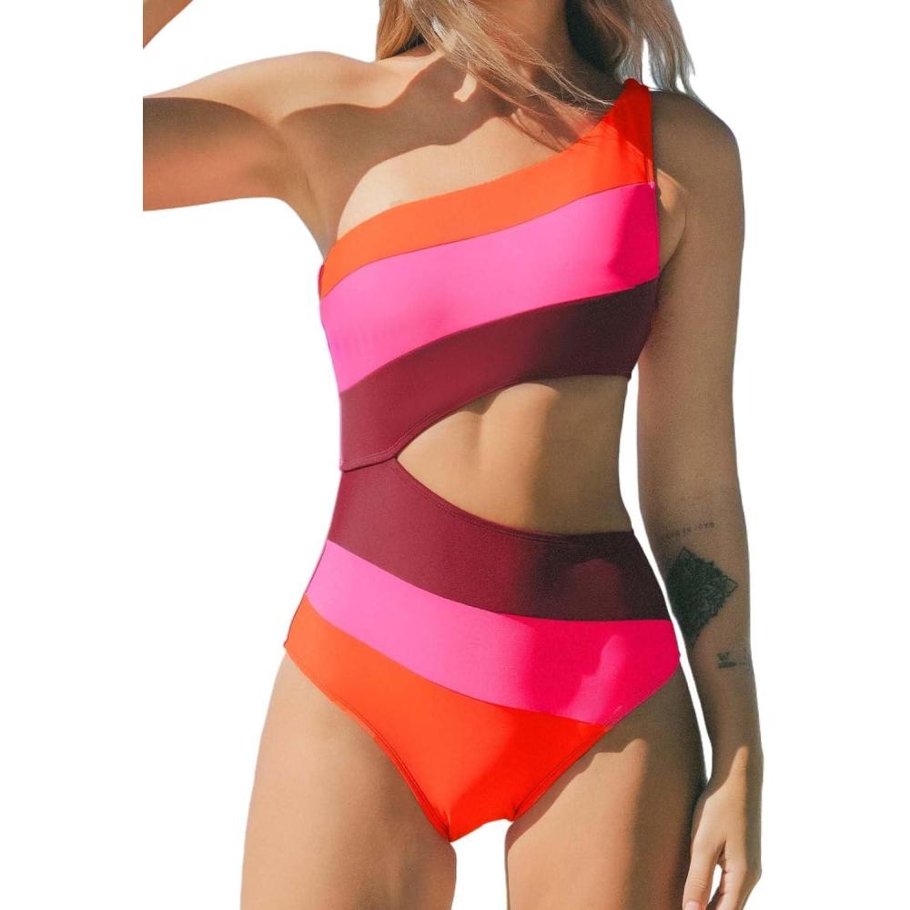 imageCUPSHE Womens One Piece Swimsuit One Shoulder Bathing Suit Cutout Color Block SwimwearPink Wine Red