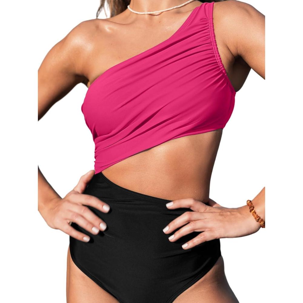 imageCUPSHE Womens One Piece Swimsuit One Shoulder Color Block Side Cutout Ruched Bathing SuitFuchsia RedBlack