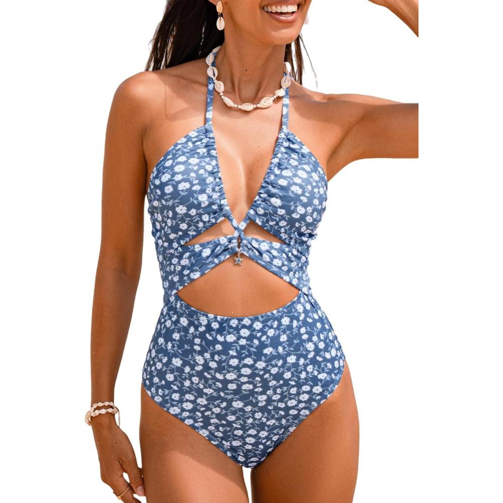 imageCUPSHE Womens One Piece Swimsuit Plunging Neck Bathing Suit Halter Strappy Cutout Swimwear TexturedDusty BlueFloral