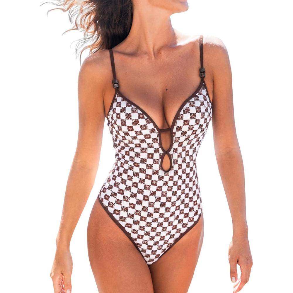 imageCUPSHE Womens One Piece Swimsuit Plunging V Neck Keyhole Bathing Suit Cutout Adjustable Straps Spaghetti Color BlockBrownWhite Plaid