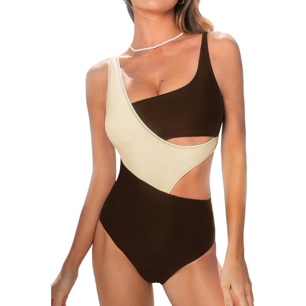 imageCUPSHE Womens One Piece Swimsuit Scoop Neck Color Block Bathing Suit Wide Straps Side CutoutBrownBeige
