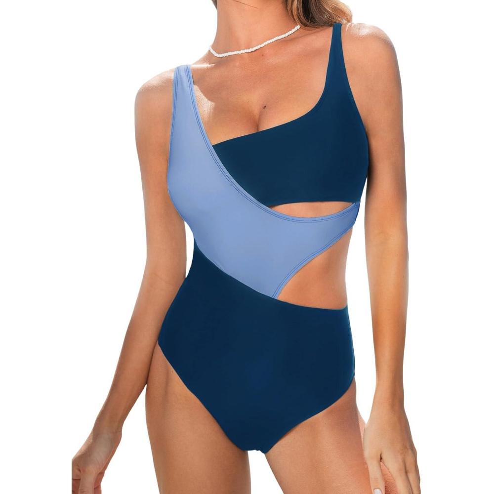 imageCUPSHE Womens One Piece Swimsuit Scoop Neck Color Block Bathing Suit Wide Straps Side CutoutNavyBlue