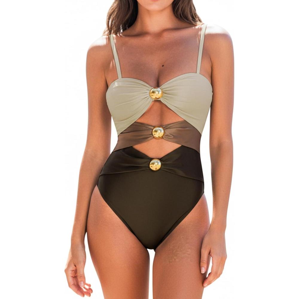 imageCUPSHE Womens One Piece Swimsuit Sexy Cutout Color Block Bathing Suit Golden O Ring Linked Swimwear Back HookDark BrownKhaki