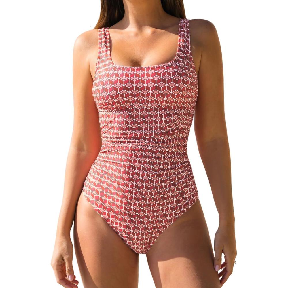 imageCUPSHE Womens One Piece Swimsuit Square Neck Bathing Suit Wide Straps Back Hook Cutout Ruched SwimwearBrick RedGeo