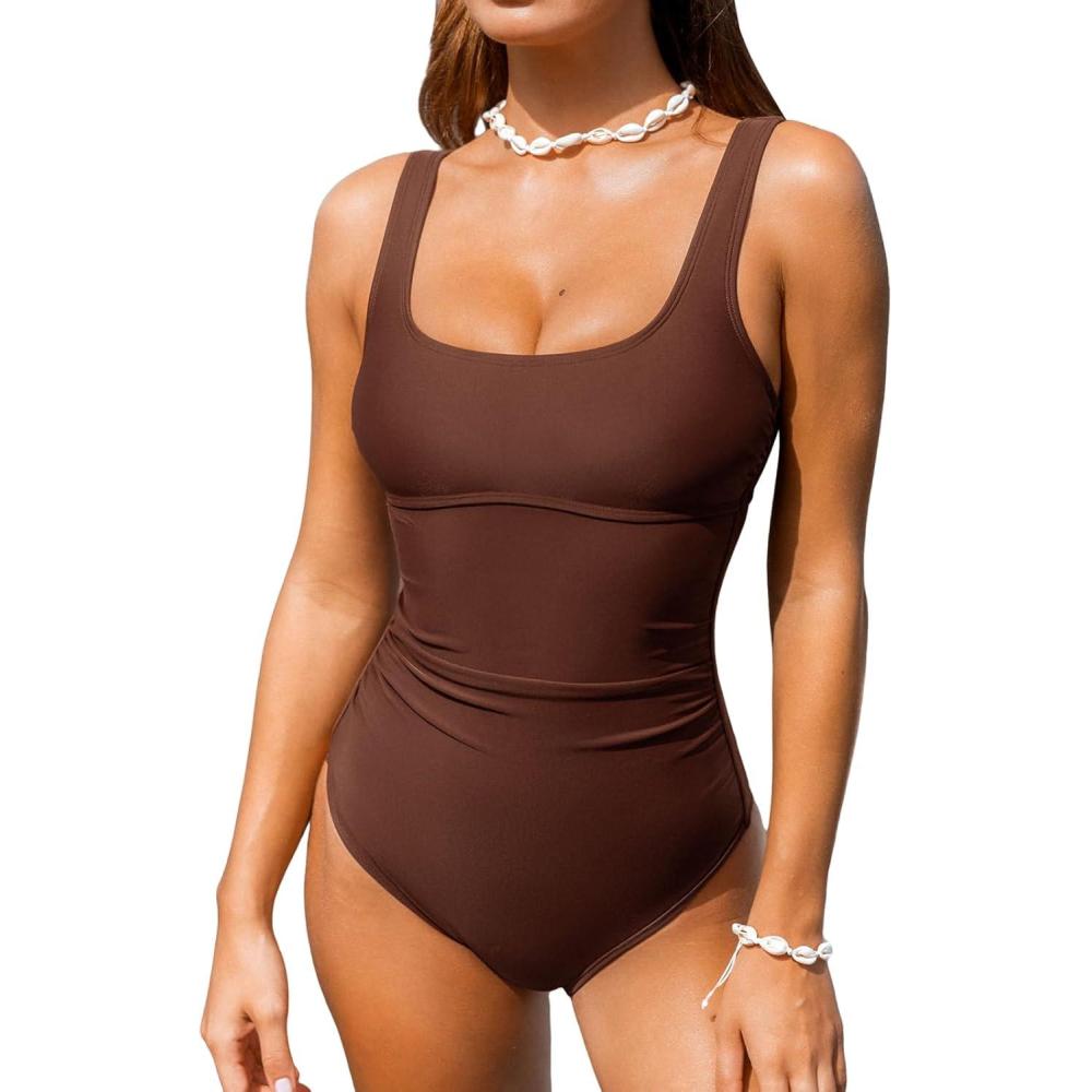 imageCUPSHE Womens One Piece Swimsuit Square Neck Bathing Suit Wide Straps Back Hook Cutout Ruched SwimwearChocolate Brown