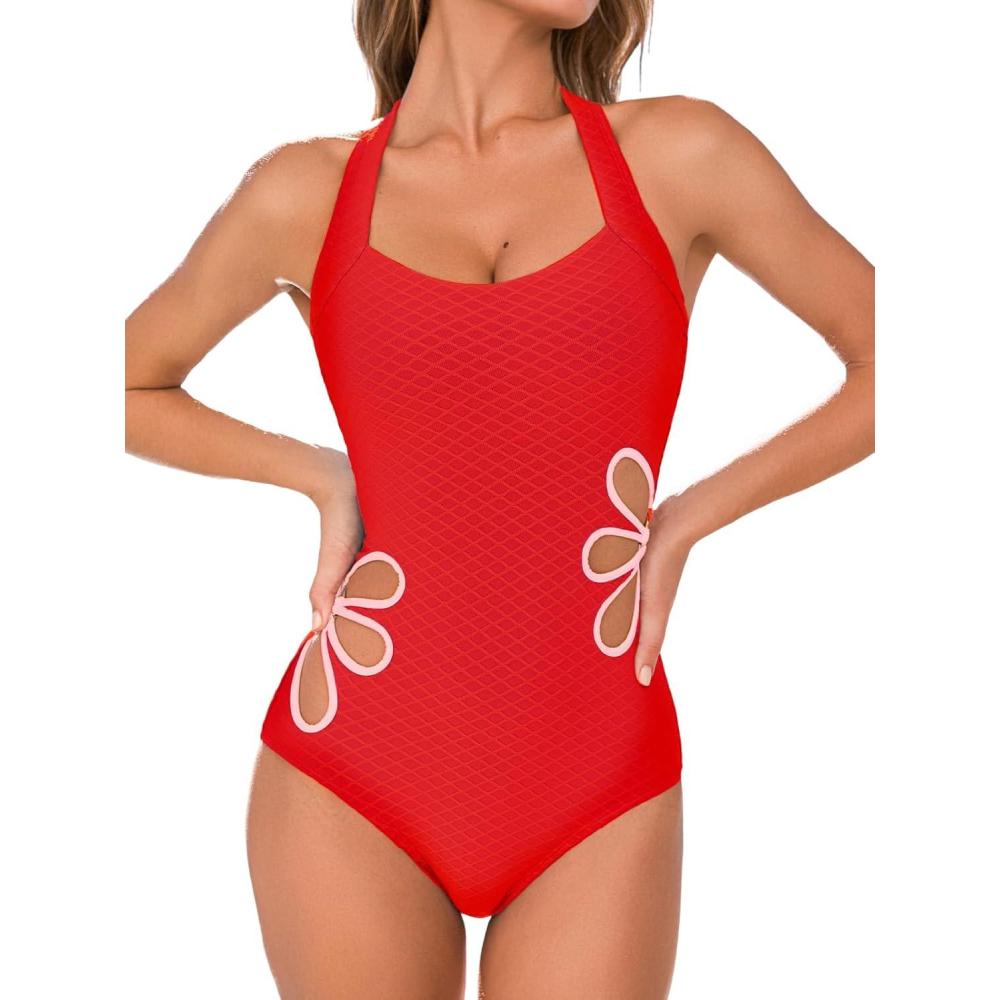 imageCUPSHE Womens One Piece Swimsuit Square Neck Halter Self Tie Bathing Suit Cutouts Jacquard Swimwear TwistedRed