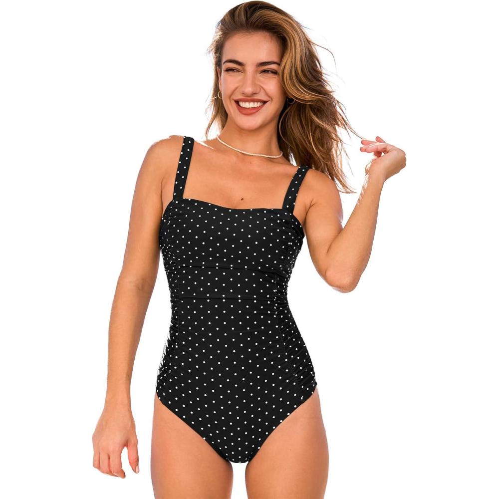 imageCUPSHE Womens One Piece Swimsuit Square Neck Tummy Control Crisscross Self Tie Bathing SuitBlackWhite