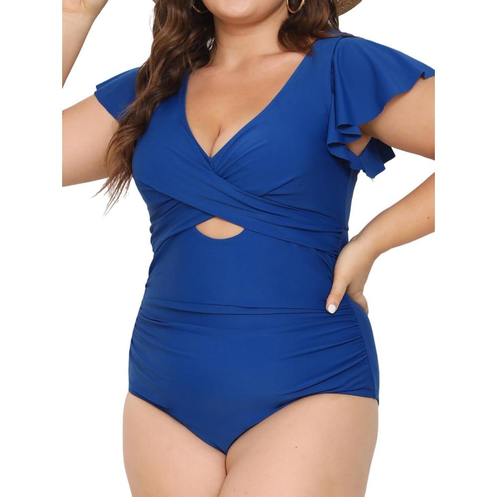 imageCUPSHE Womens One Piece Swimsuit Tummy Control Bathing Suit V Neck Ruffled Wrap Ruched Cutout Back Hook Available in PlusProyal Blue