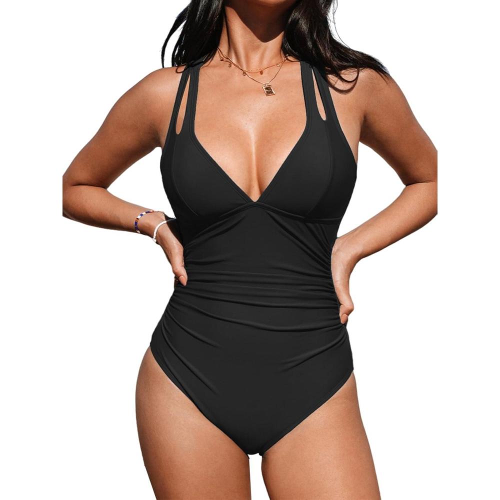 imageCUPSHE Womens One Piece Swimsuit Tummy Control Deep V Neck Double Straps Crisscross Back Tie Bathing SuitBlack