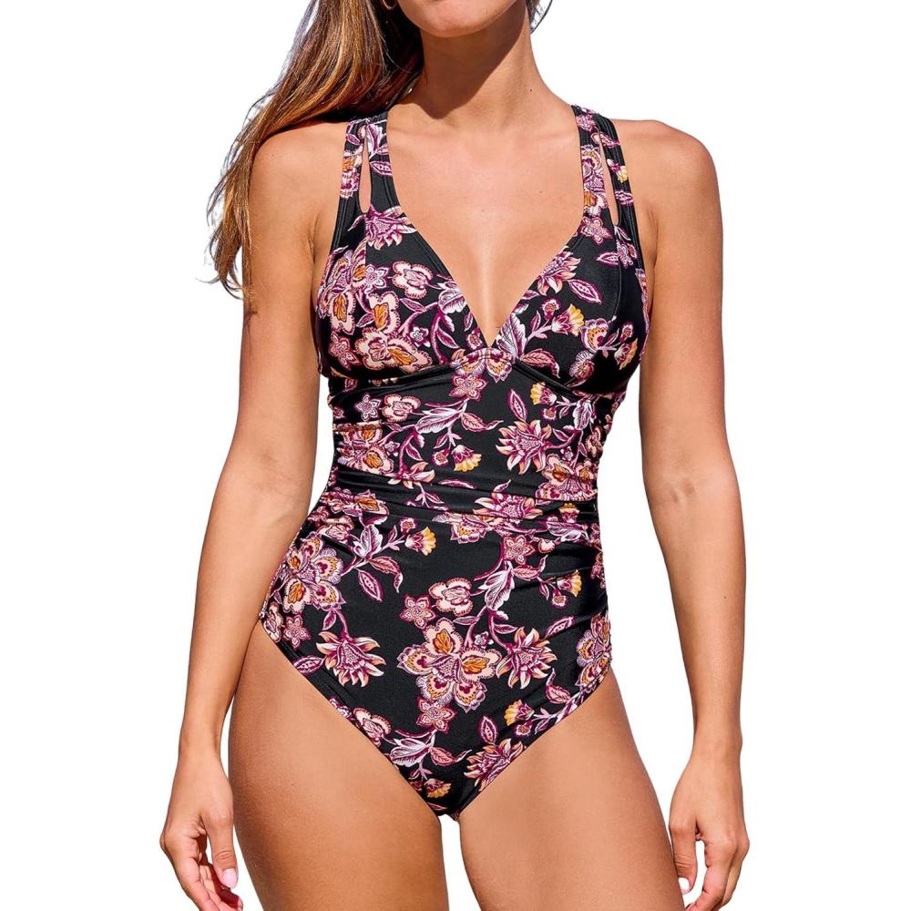 imageCUPSHE Womens One Piece Swimsuit Tummy Control Deep V Neck Double Straps Crisscross Back Tie Bathing SuitBlackDusty Rose Pink