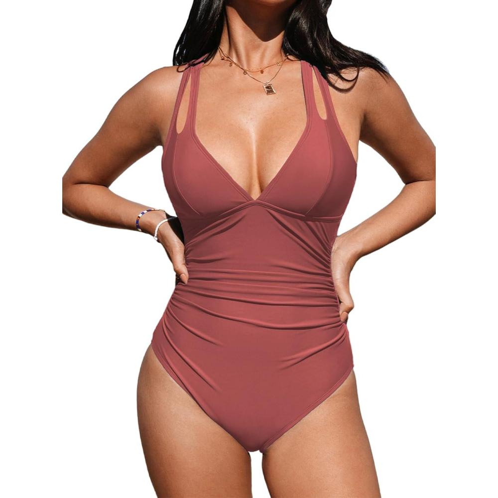 imageCUPSHE Womens One Piece Swimsuit Tummy Control Deep V Neck Double Straps Crisscross Back Tie Bathing SuitBrick Red