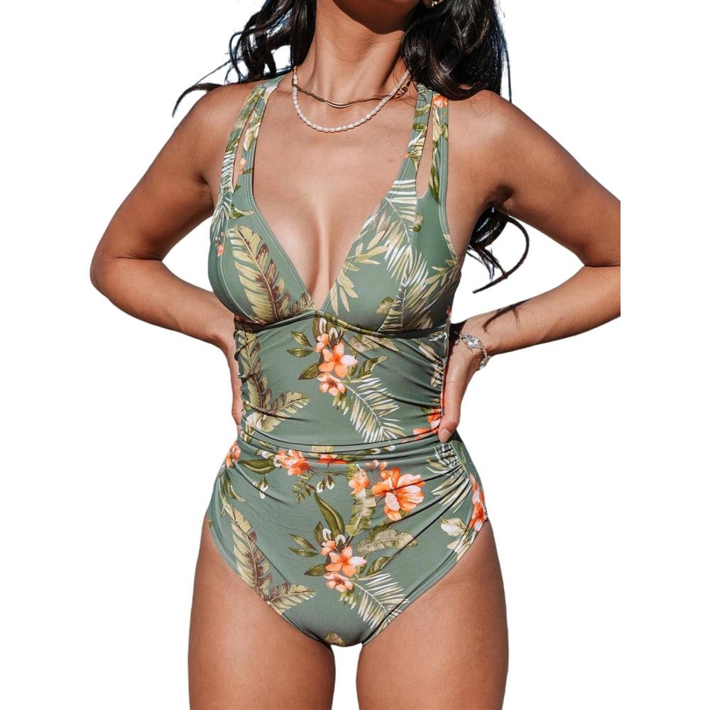 imageCUPSHE Womens One Piece Swimsuit Tummy Control Deep V Neck Double Straps Crisscross Back Tie Bathing SuitMoss GreenTropical