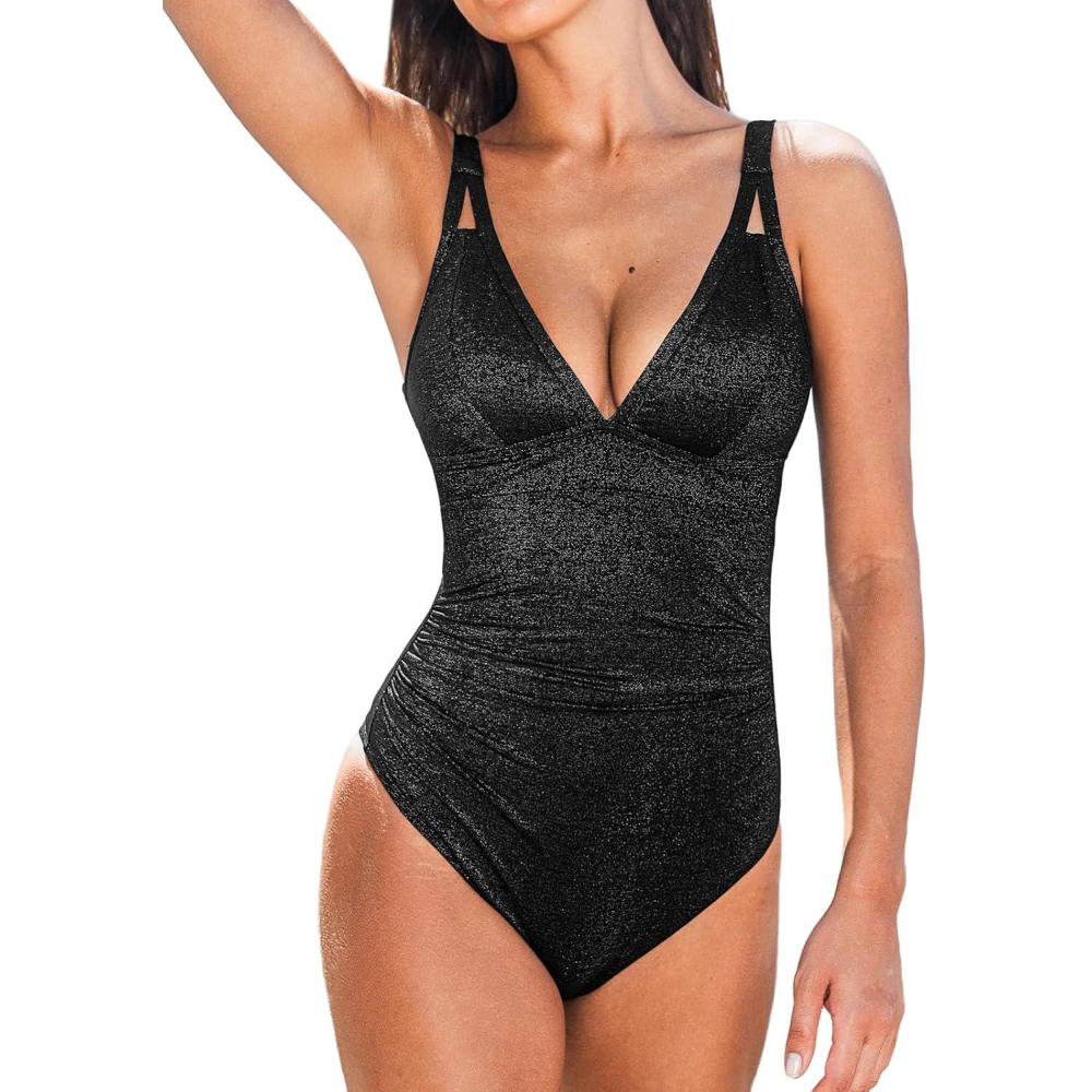 imageCUPSHE Womens One Piece Swimsuit Tummy Control V Neck Bathing Suit Ruched Slimming Swimwear Shining Cutout Back HookBlack