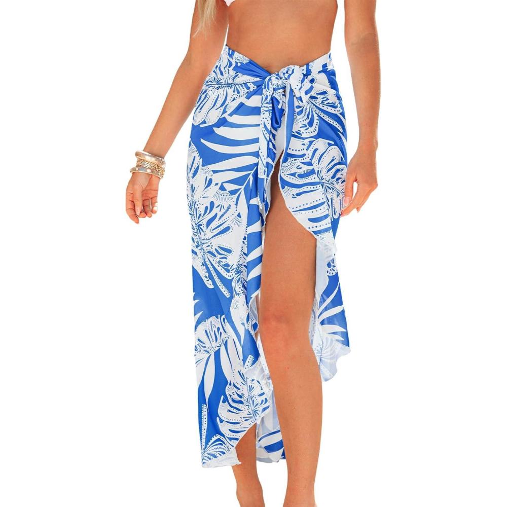 imageCUPSHE Womens Sarong Cover Up Chiffon Swimwear Wrap Skirt Self Tie Ruffle Beach Cover UpsWhite Leaf