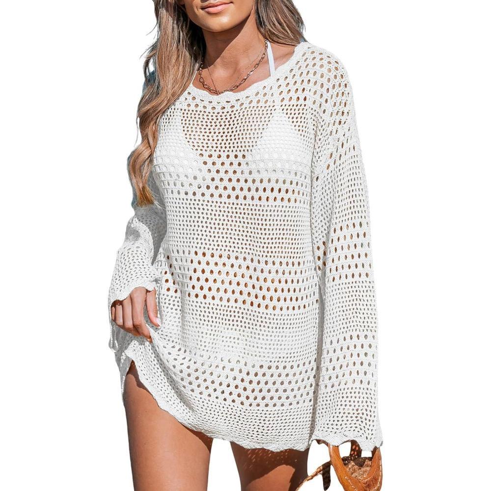 imageCUPSHE Womens Swimsuit Cover Up Crochet Bathing Suit Mesh Swimwear Knit Pullover Beach DressWhite