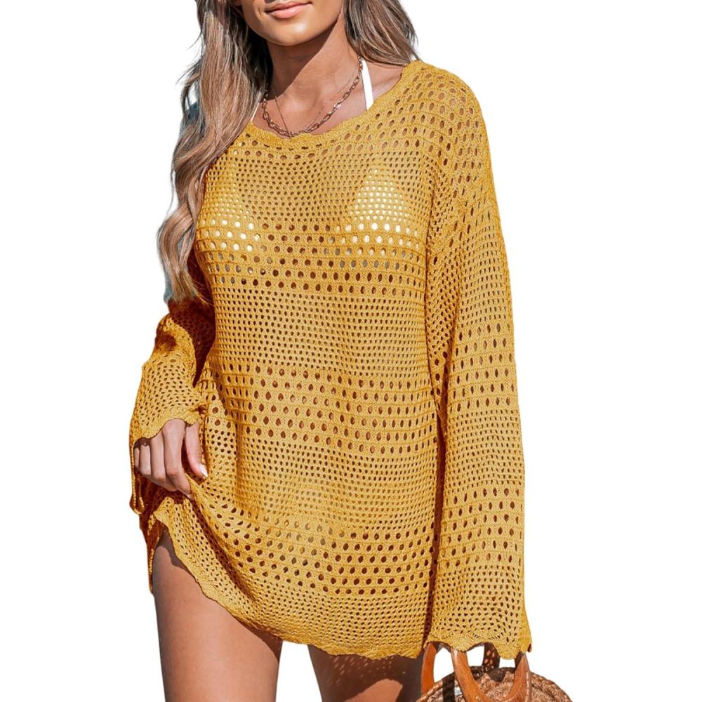 imageCUPSHE Womens Swimsuit Cover Up Crochet Bathing Suit Mesh Swimwear Knit Pullover Beach DressYellow
