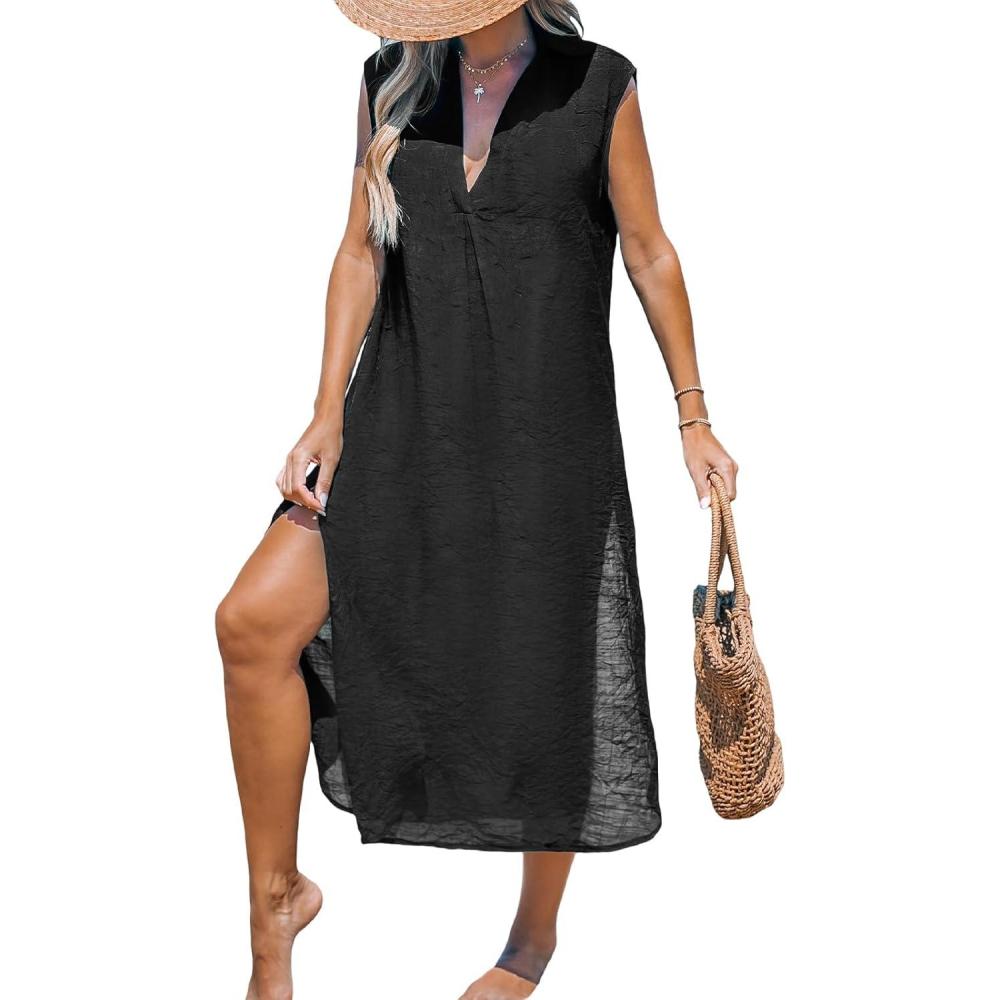 imageCUPSHE Womens Swimsuit Coverup Casual Sleeveless Side Split Long Cardigans V Neck Midi Beach DressBlack