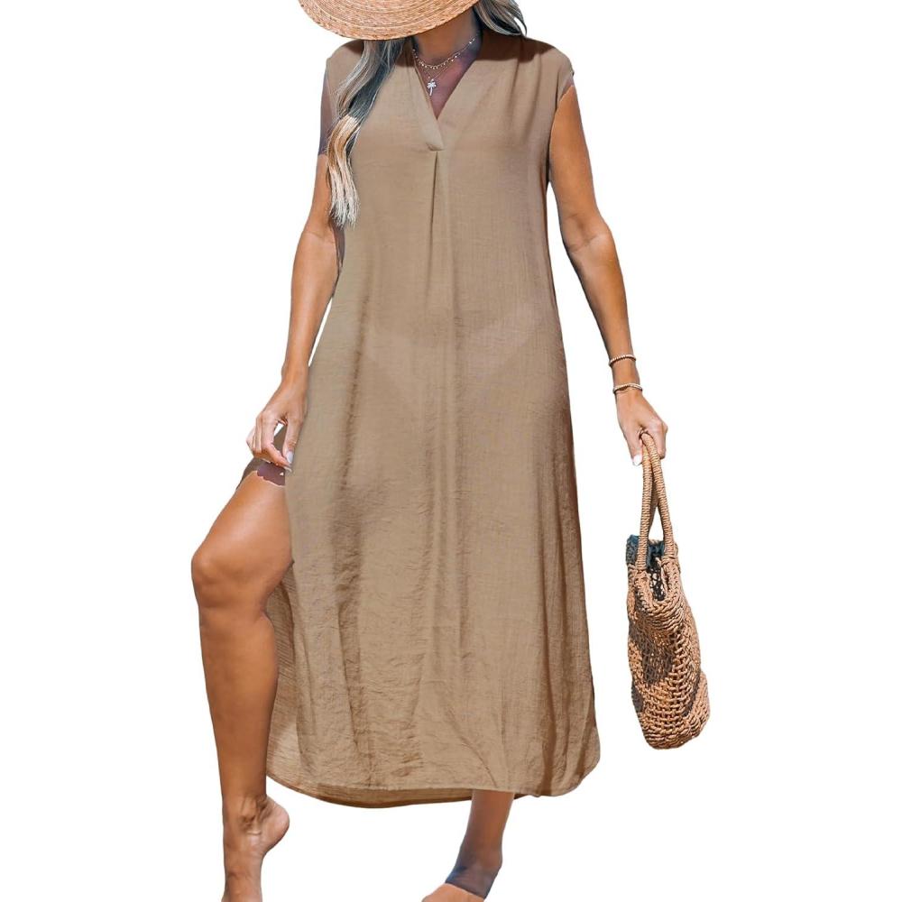imageCUPSHE Womens Swimsuit Coverup Casual Sleeveless Side Split Long Cardigans V Neck Midi Beach DressBrown