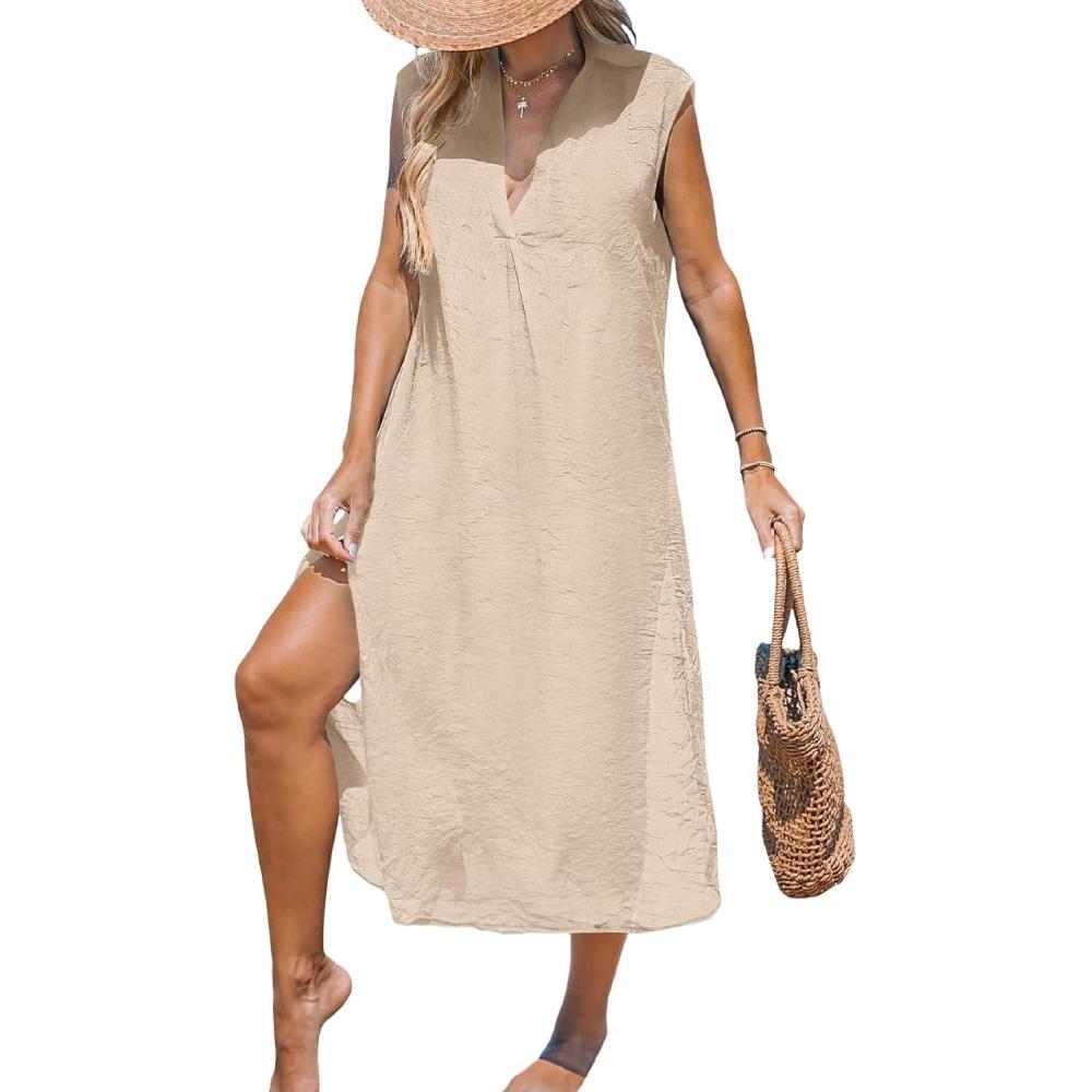 imageCUPSHE Womens Swimsuit Coverup Casual Sleeveless Side Split Long Cardigans V Neck Midi Beach DressKhaki