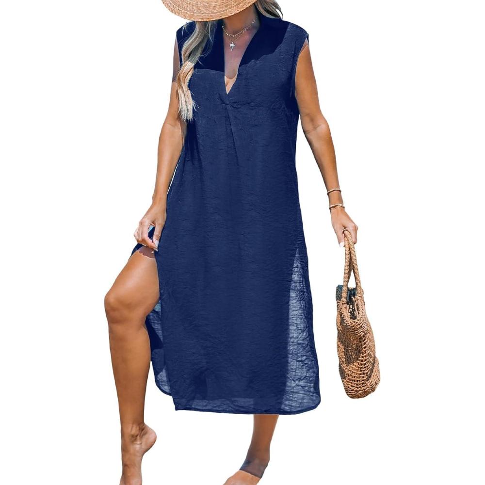 imageCUPSHE Womens Swimsuit Coverup Casual Sleeveless Side Split Long Cardigans V Neck Midi Beach DressNavy