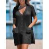 CUPSHE Crochet Swim Cover Up for Women Short Sleeve Button Front Summer Beach Cover Up Dress with Pockets(Black)