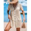 CUPSHE Crochet Swim Cover Up for Women Short Sleeve Button Front Summer Beach Cover Up Dress with Pockets(Khaki)