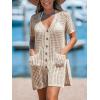 CUPSHE Crochet Swim Cover Up for Women Short Sleeve Button Front Summer Beach Cover Up Dress with Pockets(Khaki)