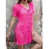 CUPSHE Crochet Swim Cover Up for Women Short Sleeve Button Front Summer Beach Cover Up Dress with Pockets(Rose Pink)