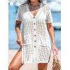 CUPSHE Crochet Swim Cover Up for Women Short Sleeve Button Front Summer Beach Cover Up Dress with Pockets(White)