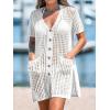 CUPSHE Crochet Swim Cover Up for Women Short Sleeve Button Front Summer Beach Cover Up Dress with Pockets(White)