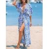 CUPSHE Kimono Swimsuit Coverup for Women Open Front Striped Maxi Cardigan Beach Cover Up(Blue Floral)