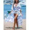 CUPSHE Kimono Swimsuit Coverup for Women Open Front Striped Maxi Cardigan Beach Cover Up(Blue Leaf)
