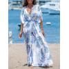 CUPSHE Kimono Swimsuit Coverup for Women Open Front Striped Maxi Cardigan Beach Cover Up(Blue Leaf)