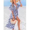 CUPSHE Kimono Swimsuit Coverup for Women Open Front Striped Maxi Cardigan Beach Cover Up(Blue Patterned)