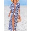 CUPSHE Kimono Swimsuit Coverup for Women Open Front Striped Maxi Cardigan Beach Cover Up(Blue Patterned)